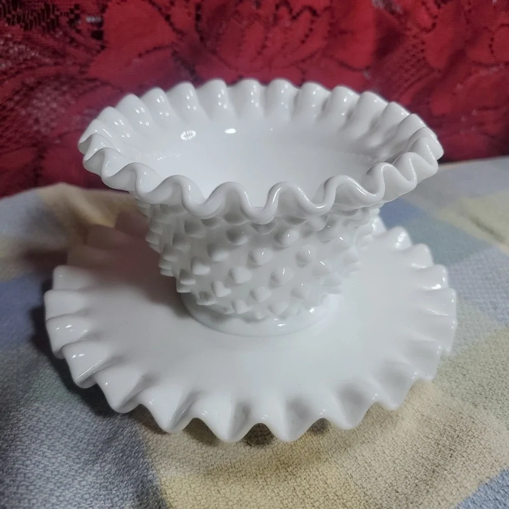 Vintage Fenton Milk Glass Hobnail‎ Mayonnaise Bowl and Underplate
